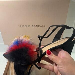 Loeffler Randall Black Sandals with Colorful Fur Accent